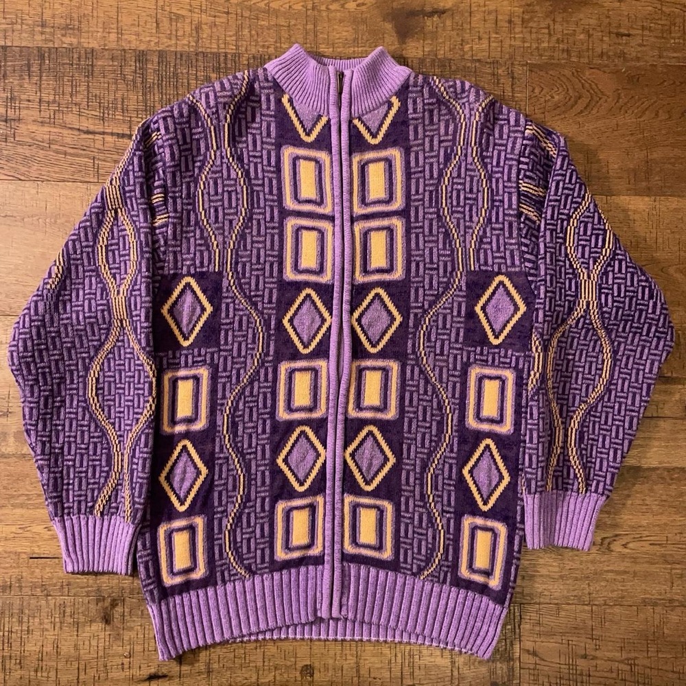 Prestige Zip Up Sweater Mens L Purple Retro 90s Geometric Knit Cardigan